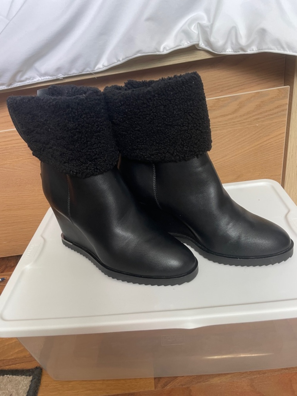 DKNY Black Fold-Over Faux Shearling Wedge Ankle Boots